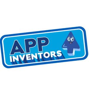 A blue rectangle with text 'app inventors' and a mouse arrow next to it with eyes
