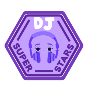 A purple hexagon badge with a headphones and eyes in the centre, surrounded by text that reads 'DJ Superstars'