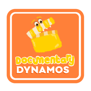 An orange square with a film clapper board in yellow with eyes. Below it text says 'documentary dynamos'