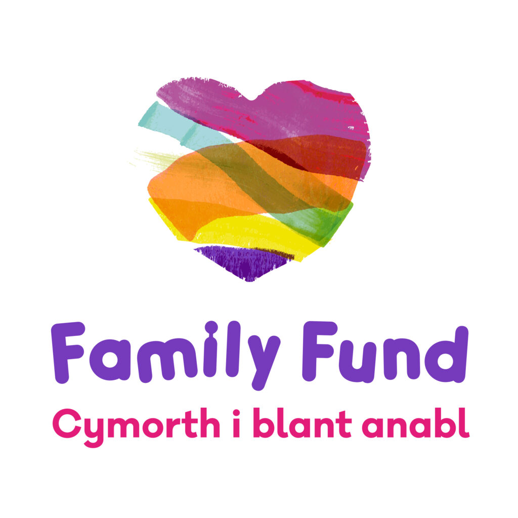 A multicoloured heart with purple and pink text underneath reading 'Family Fund Cymorth i blant anal'