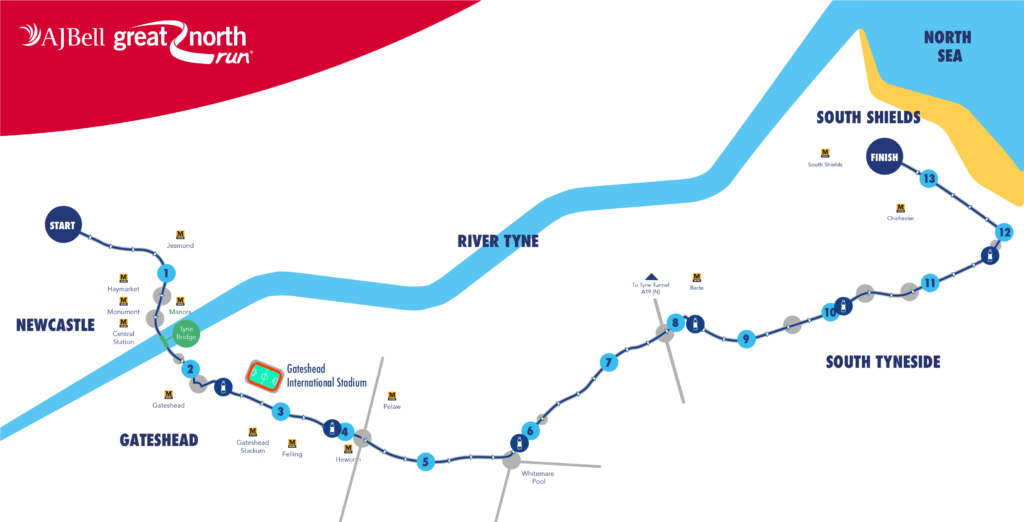 A map of the Great North Run route from Newcastle to  South Shields.
The run is a half marathon / 13.1 miles