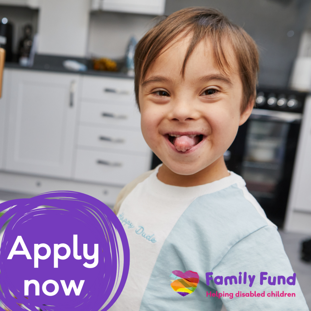 A boy is playing with his toy kitchen and smiling at the camera. The Family Fund logo is on the bottom right corner.  A text reads 'Apply now'