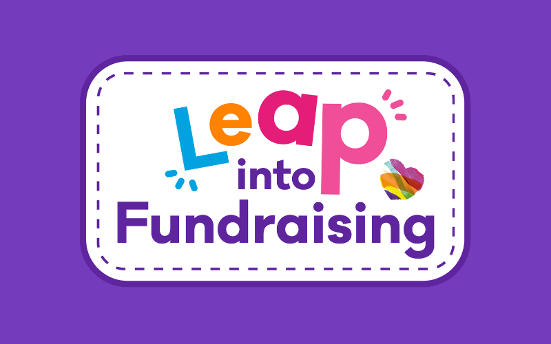 A purple background with a white rounded rectangle and text 'Leap into Fundraising' in it