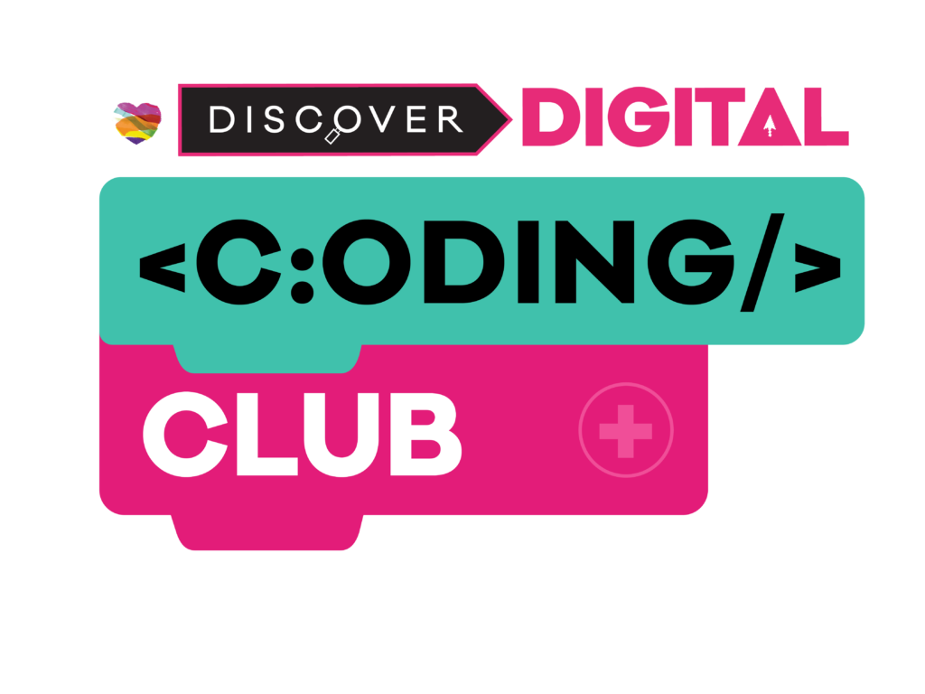A graphic of two coding blocks stacked with text that reads: 'Coding club.' Discover Digital logo at the top.