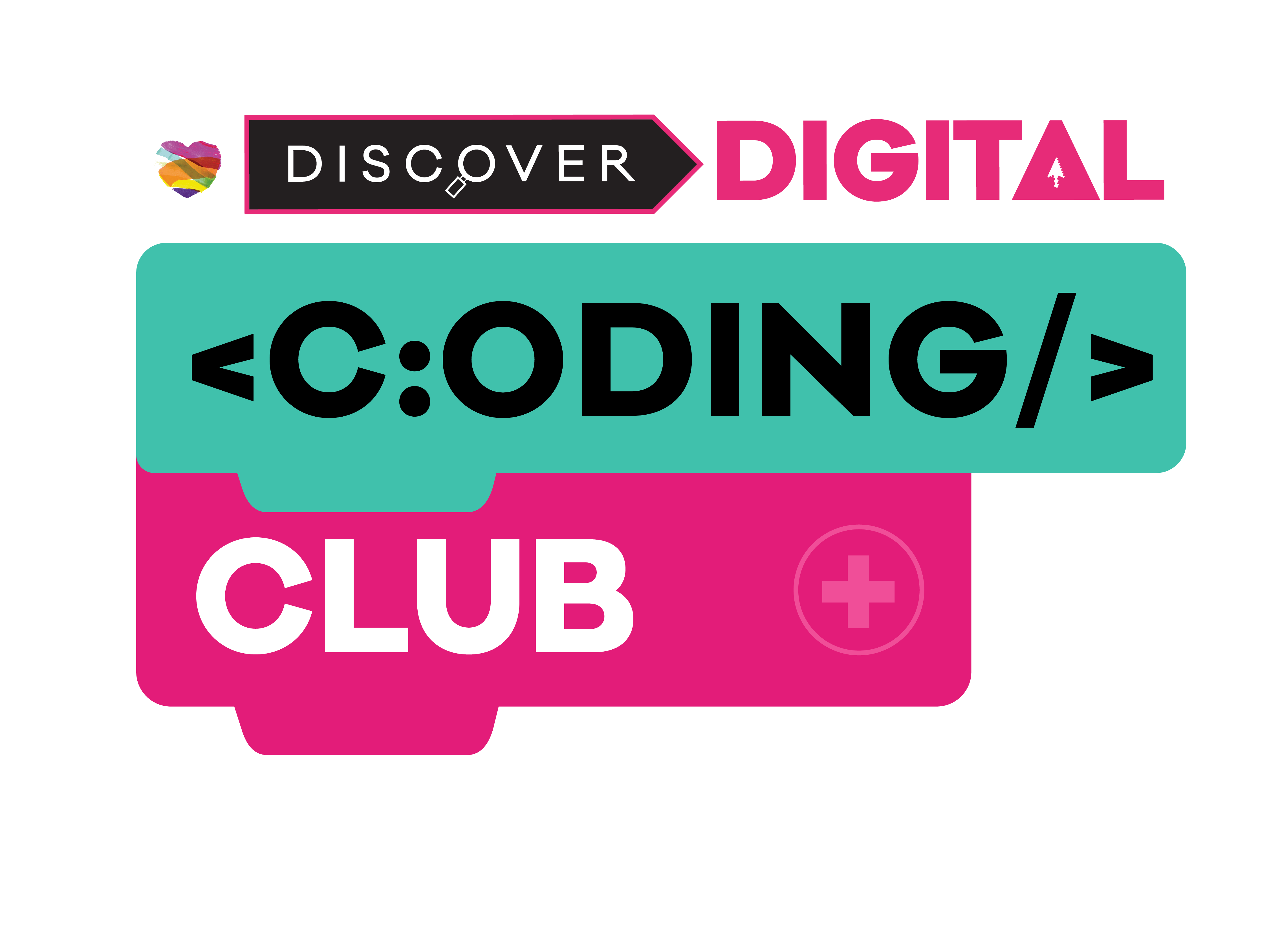 A graphic of two coding blocks stacked with text that reads: 'Coding club.' Discover Digital logo at the top.