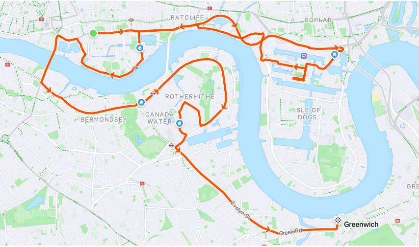 A map of London that shows the route of the Big Half