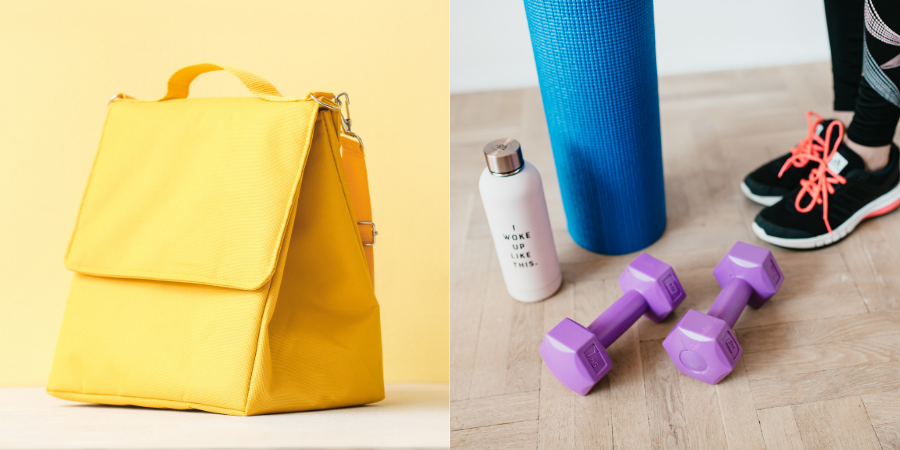 Two photos side by side. On the left, a yellow lunchbox. On the right, a woman's feet in trainers next to two weights, a water bottle and yoga mat.