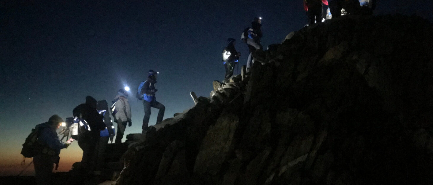 A group of hikers climbing mount Snowdon at night time with torches