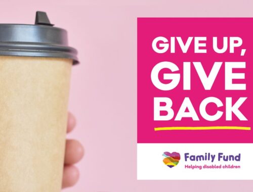 A hand holding a paper coffee cup. Text on the cup that reads: 'skip a ££ coffee.' On the right hand side 'Give up, give back' sticker and Family Fund logo.