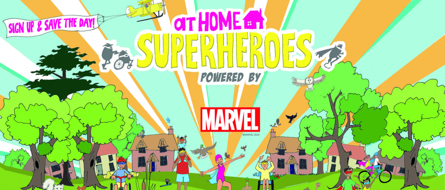 A sunny cartoon background with people doing various activities like running, cycling and swimming. The text up top says 'at home superheroes, powered by Marvel, sign up and save the day!'
