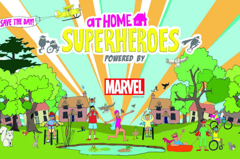 A sunny cartoon background with people doing various activities like running, cycling and swimming. The text up top says 'at home superheroes, powered by Marvel, sign up and save the day!'