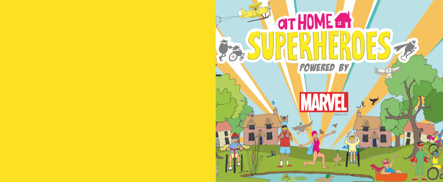 Half a yellow square, half a cartoon with the words 'at home superheroes powered by marvel' as the title. Below it there are a group of people doing things like running, dancing, boating, and cycling, all dressed in superhero outfits.