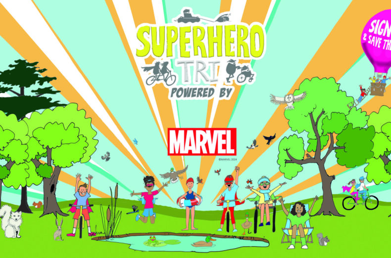 A group of cartoon children standing by a lake in superhero costumes. The text above them reads 'Superhero tri powered by Marvel.' There is a hot air balloon in the corner with the words 'Sign up and save the day' written on it.