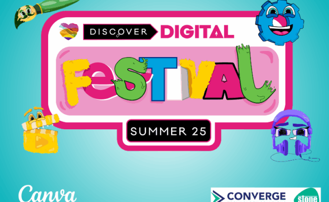 Discover Digital summer festival 2025 logo surrounded by workshop characters: arrow, cog, headphones and clapboard