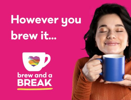 A woman is holding a mug and smiling with her eyes closed. Text that reads: However you brew it... Brew and a break logo