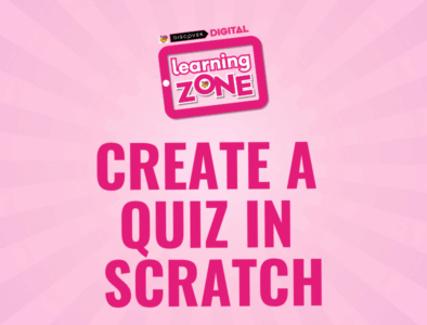 A discover digital learning zone logo with the text create a quiz in scratch