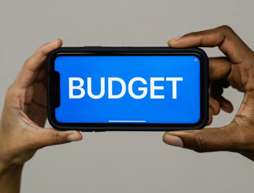 hands holding phone screen which reads 'budget'
