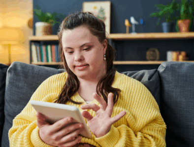 A young girl sat on her sofa using a tablet