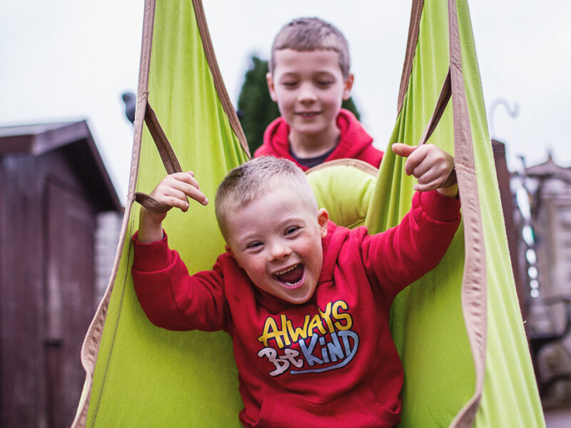 Two brothers play together in the garden on a swing.