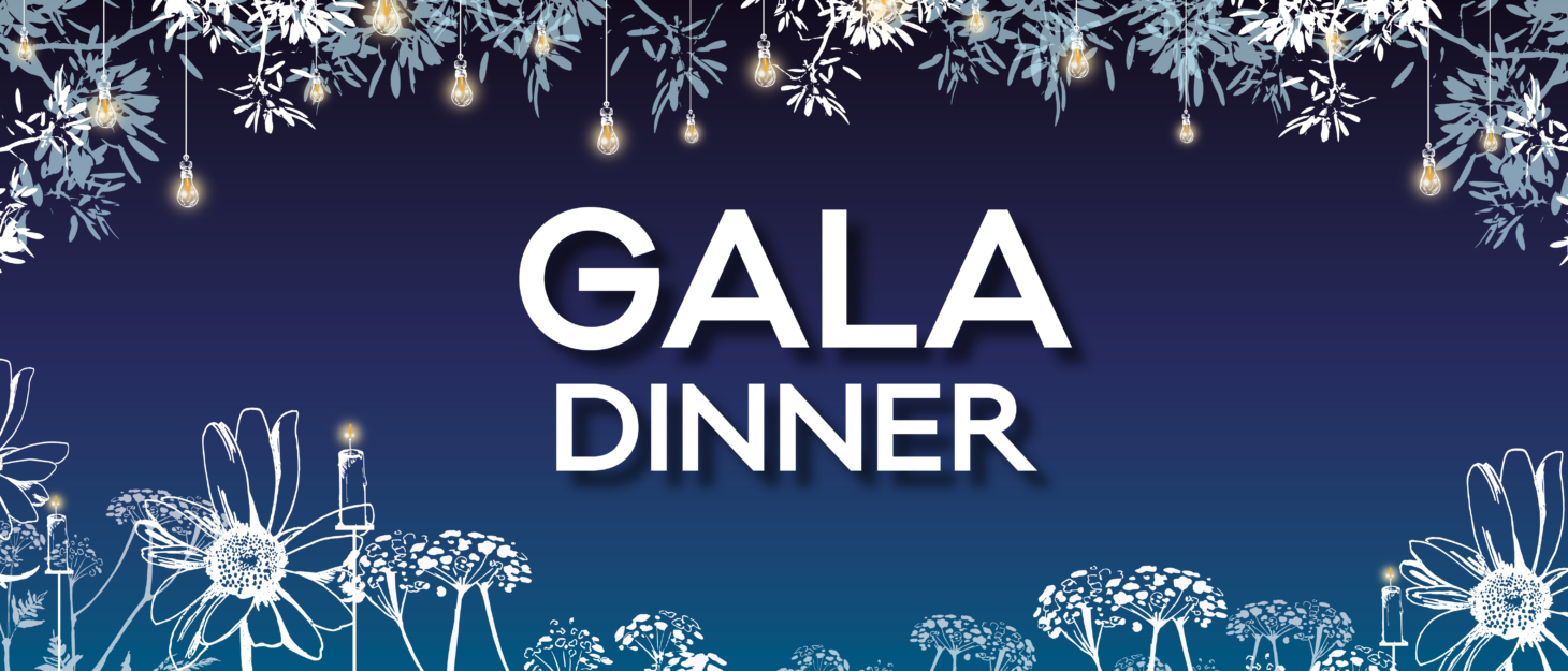 A deep blue background with a string of fairy lights hanging from the top with warm glowing bulbs. Along the bottom are white 'stamp like' floral stems. In the centre is text 'Gala Dinner - a summer soiree'