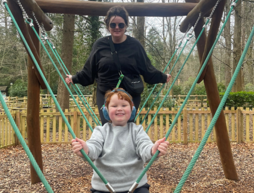 A photo of Mum Lily pushing her son Olly on a swing.