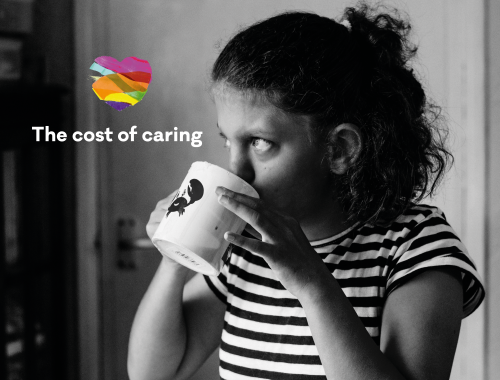 Black and white photo of a child drinking from a mug while looking through the window, over the photo is the Family Fund heart logo and text 'The cost of caring'