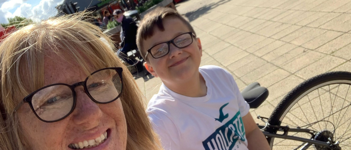 Boy and mum on bike ride stop for a selfie