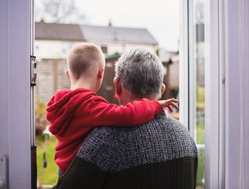 a boy in his grandads arms looking at their garden