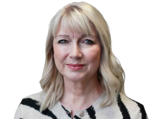 A woman with blonde curled hair