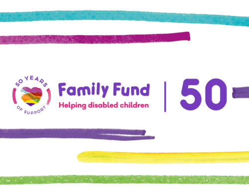 A Family Fund turns 50 logo with colourful and bright striped of colours on a white background