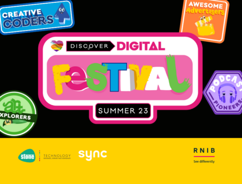 Discover Digital Festival of creative iPad skills workshops logo is shown in the foreground. Behind it is a black background with four illustrated badges showing a sample of the digital workshops. On a yellow bar at the bottom is the Stone logo, Sync logo, and RNIB logo.