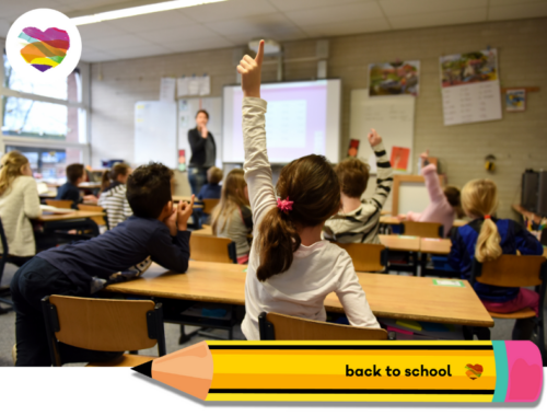 A photo of a classroom with children, raising their hands. At the bottom of the photo is a drawing of a yellow pencil where we can read 'back to school'