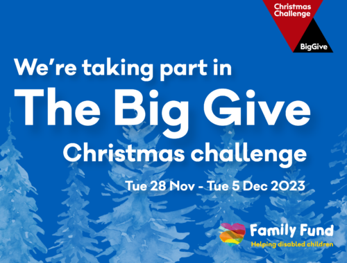 A blue banner with white Christmas trees in the background that reads "We're taking part in the big give Christmas challenge Tuesday 28 November - Tuesday 5 December 2023." In the right top corner there is one red triangle that reads Christmas Challenge and next to it a black triangle which reads Big Give on it. In the right bottom corner is Family Fund logo.