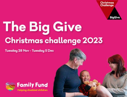 White text on a pink background reads 'The Big Give Christmas challenge 2023. 28 November to 5 December. This Big Give logo is in the top right hand corner. In the bottom right hand corner is a photograph of a mother and her son and daughter. In the left hand corner is the Family Fund logo.